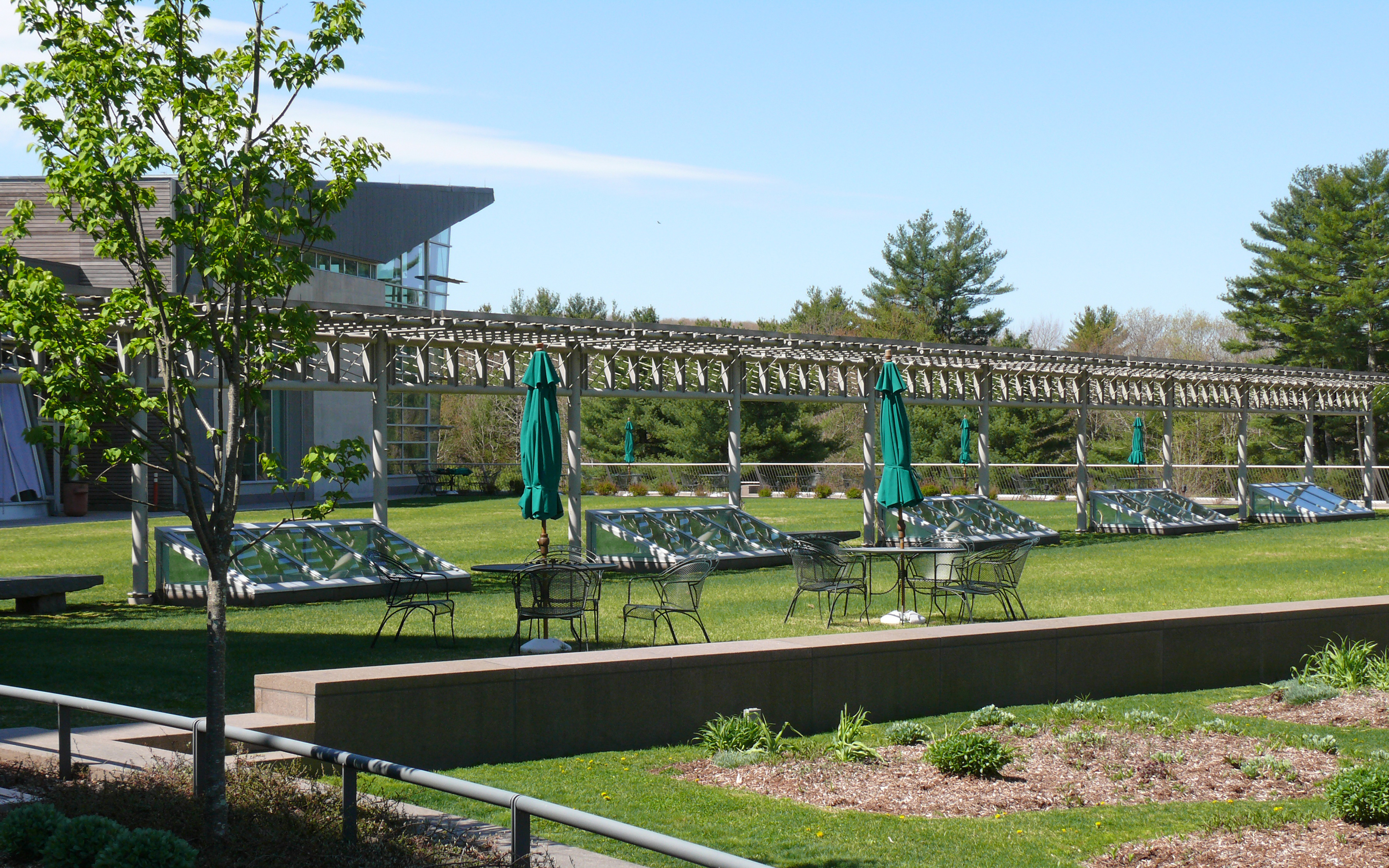 Seating is provided in different areas for visitors to rest. Lawn with seating area and patio umbrellas